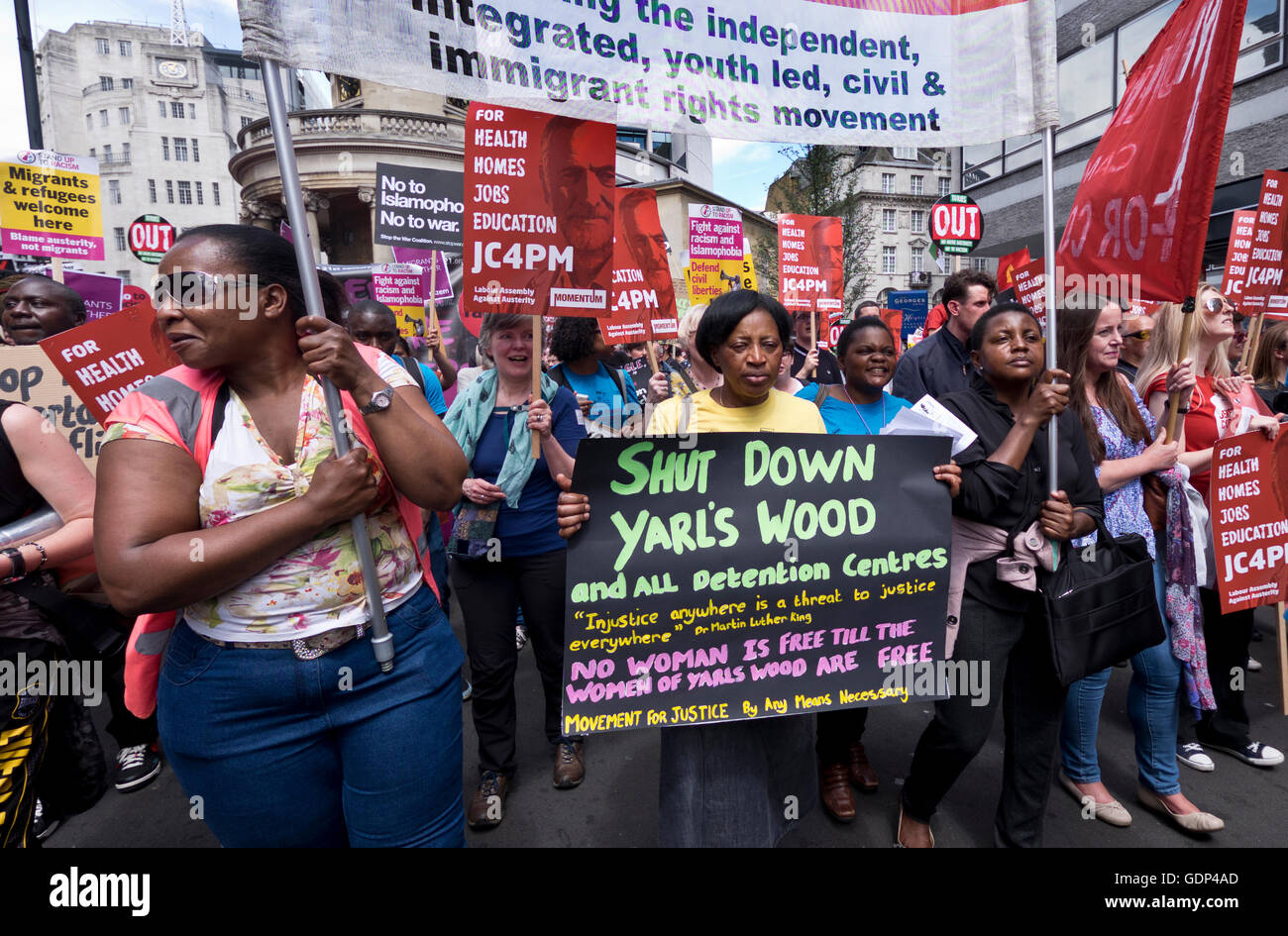 Shut down  Refugee detention Centres. Movement for Justice by any means necessary. Protest in London against racism and Tory au Stock Photo