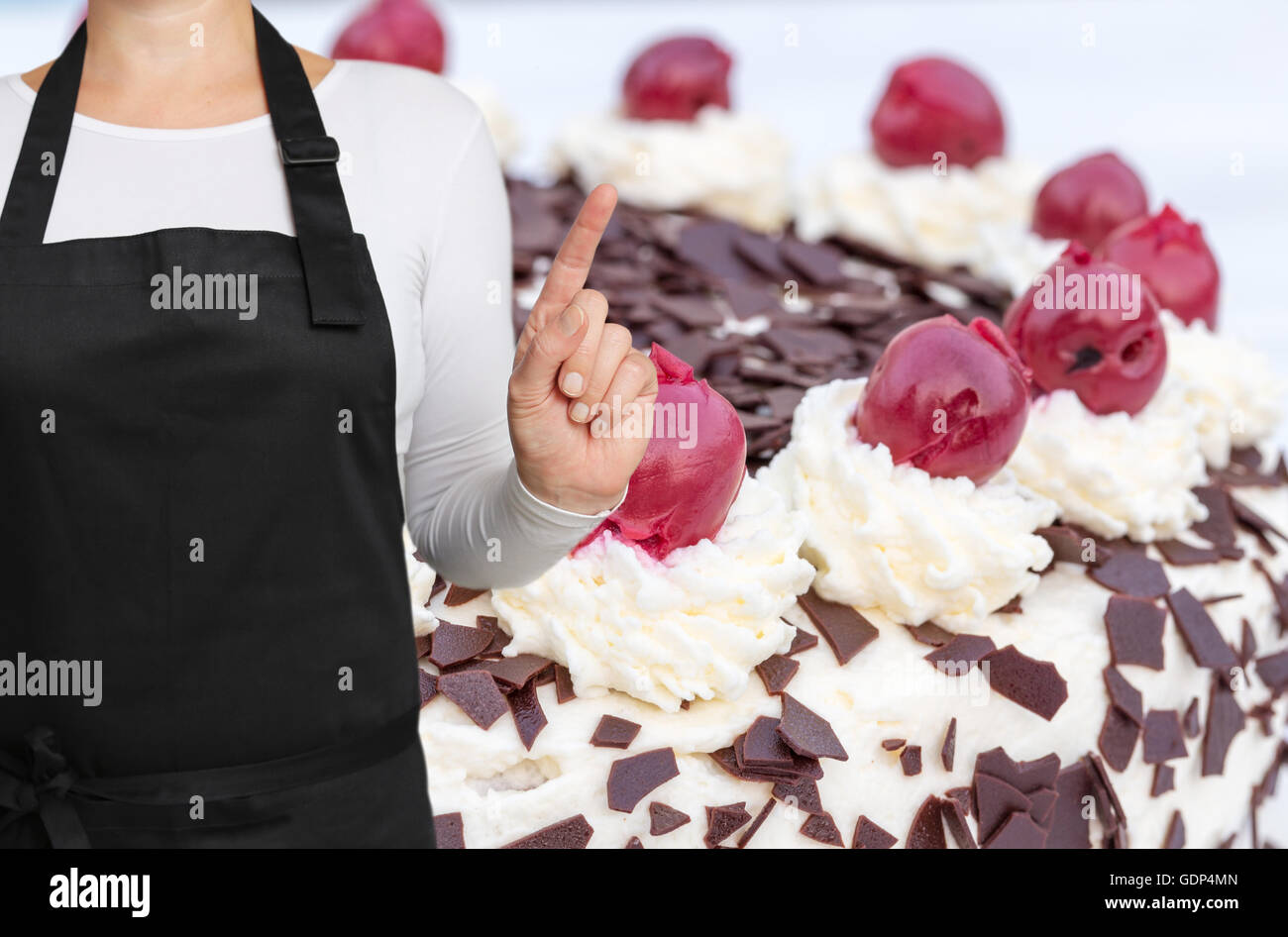 Confectioner with cake background concept template. Stock Photo