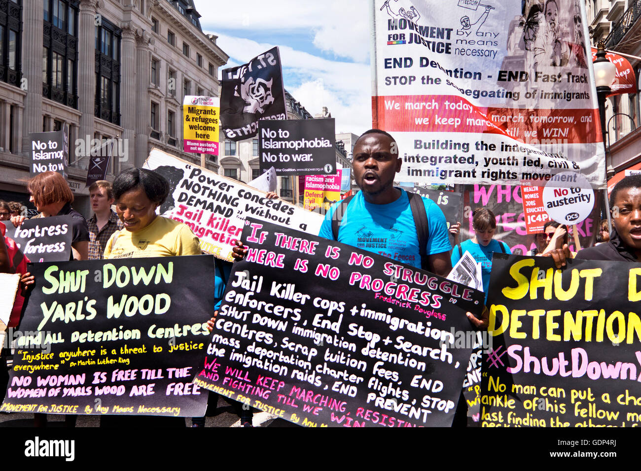 Shut down  Refugee detention Centres. Movement for Justice by any means necessary. Protest in London against racism and Tory au Stock Photo