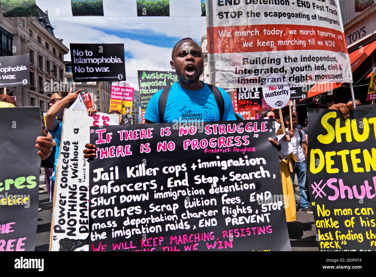 Shut down  Refugee detention Centres. Movement for Justice by any means necessary. Protest in London against racism and Tory au Stock Photo