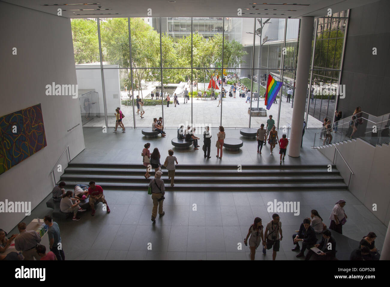 Museum Of Modern Art, MoMA, New York City. Entry hall looking out onto the sculpture garden. Stock Photo