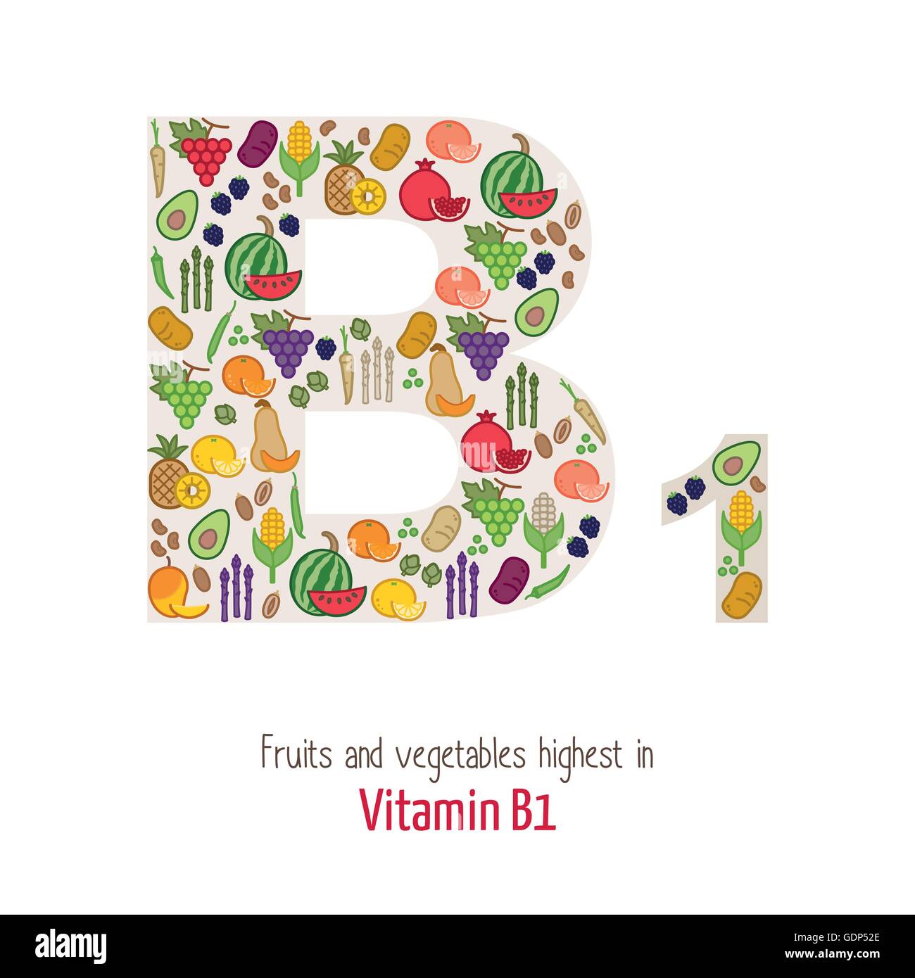 Fruits and vegetables highest in vitamin B1 composing B1 letter shape, nutrition and healthy eating concept Stock Vector
