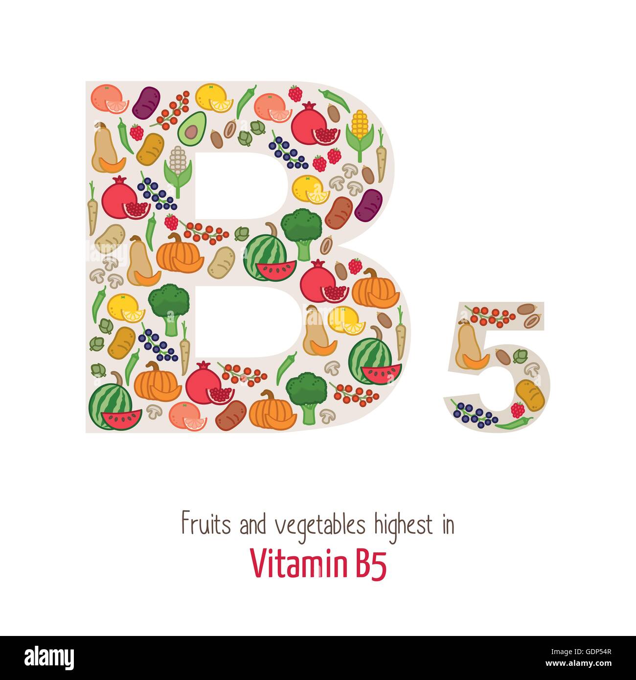 Fruits and vegetables highest in vitamin B5 composing B5 letter shape