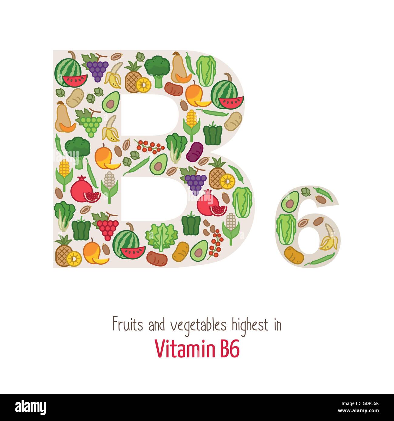 Fruits and vegetables highest in vitamin B6 composing B6 letter shape, nutrition and healthy eating concept Stock Vector