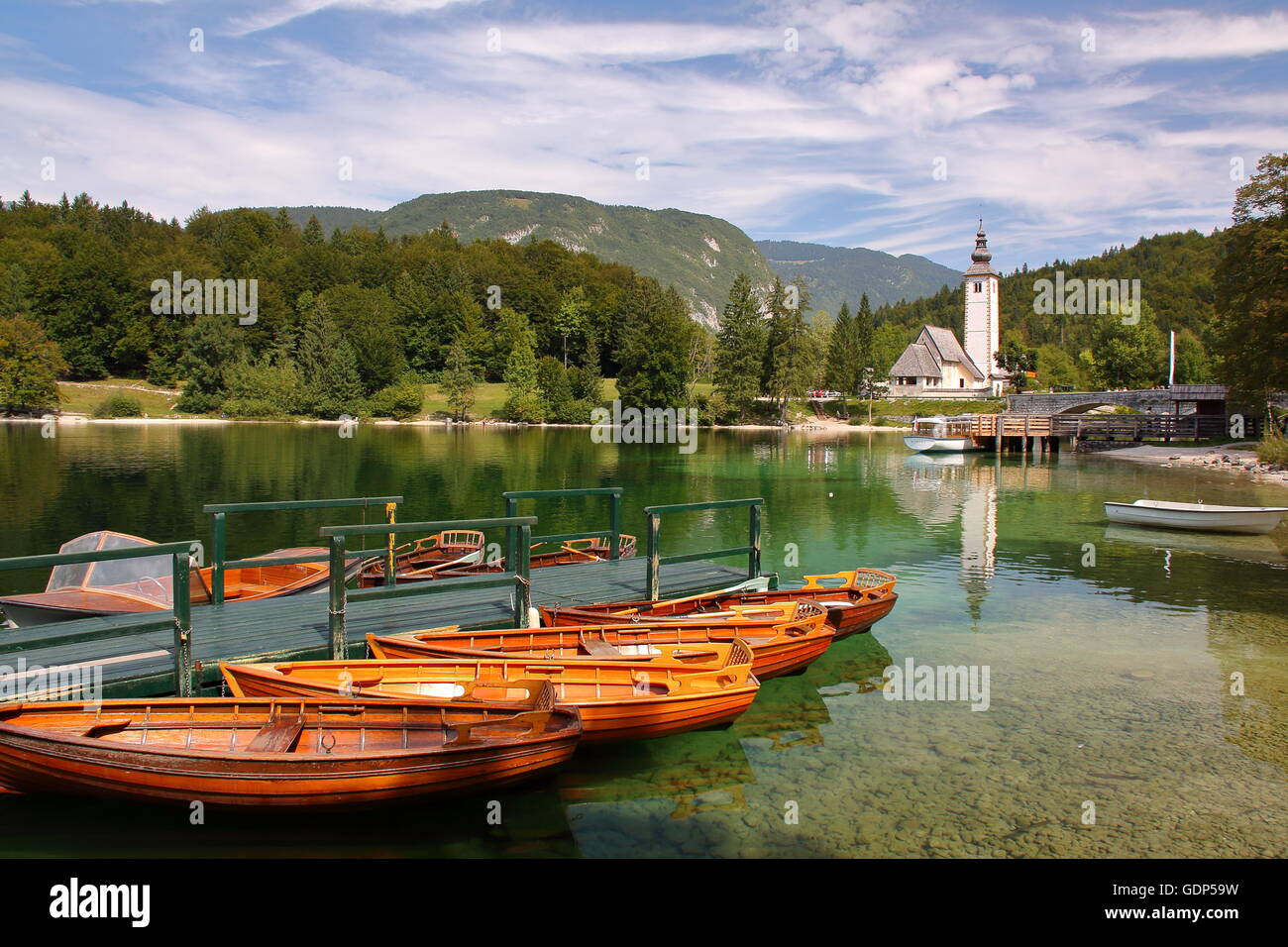 Lake Bohinj with the church of St John the Baptist, Slovenia Stock ...