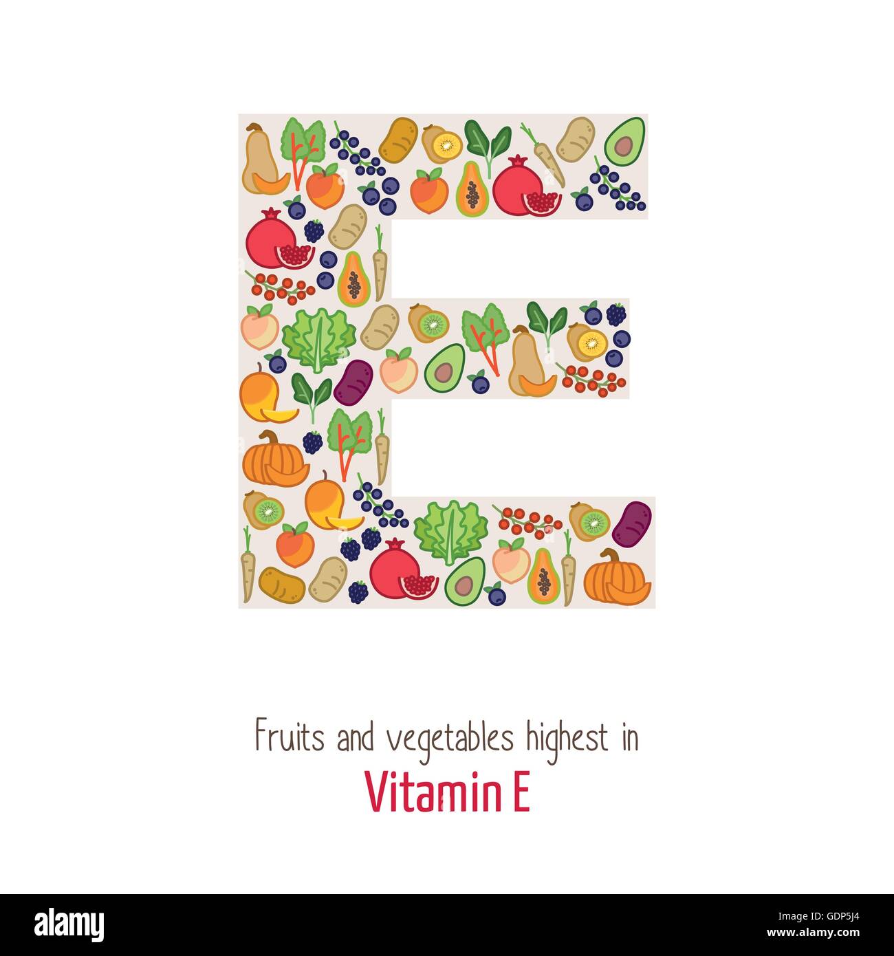 Fruits and vegetables highest in vitamin E composing E letter shape, nutrition and healthy eating concept Stock Vector