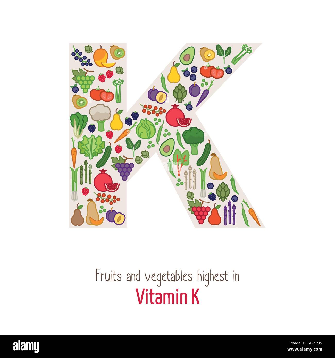 Fruits and vegetables highest in vitamin K composing K letter shape, nutrition and healthy eating concept Stock Vector