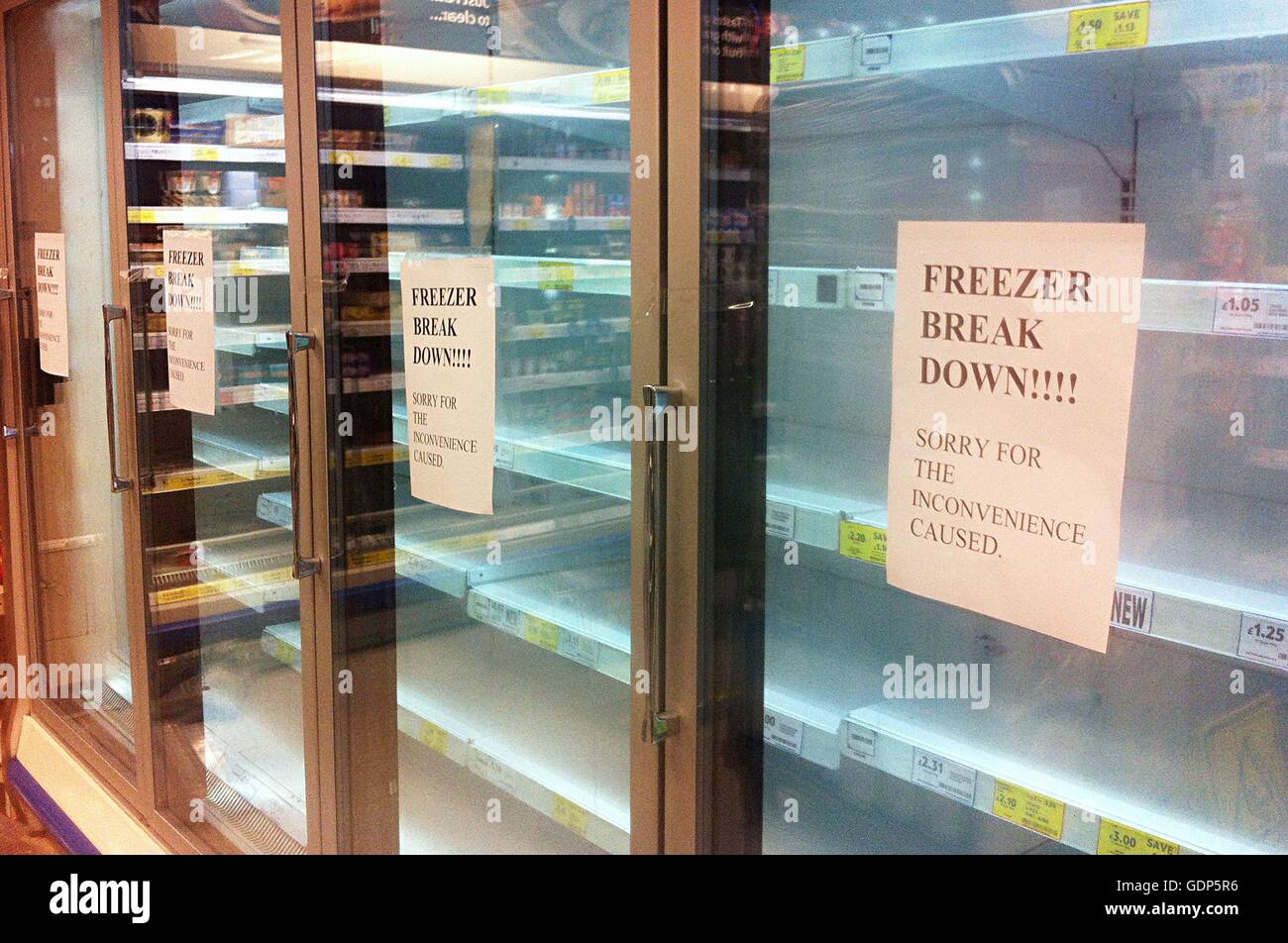 Broken freezers in a Tesco Metro store in Victoria, London, as Britain