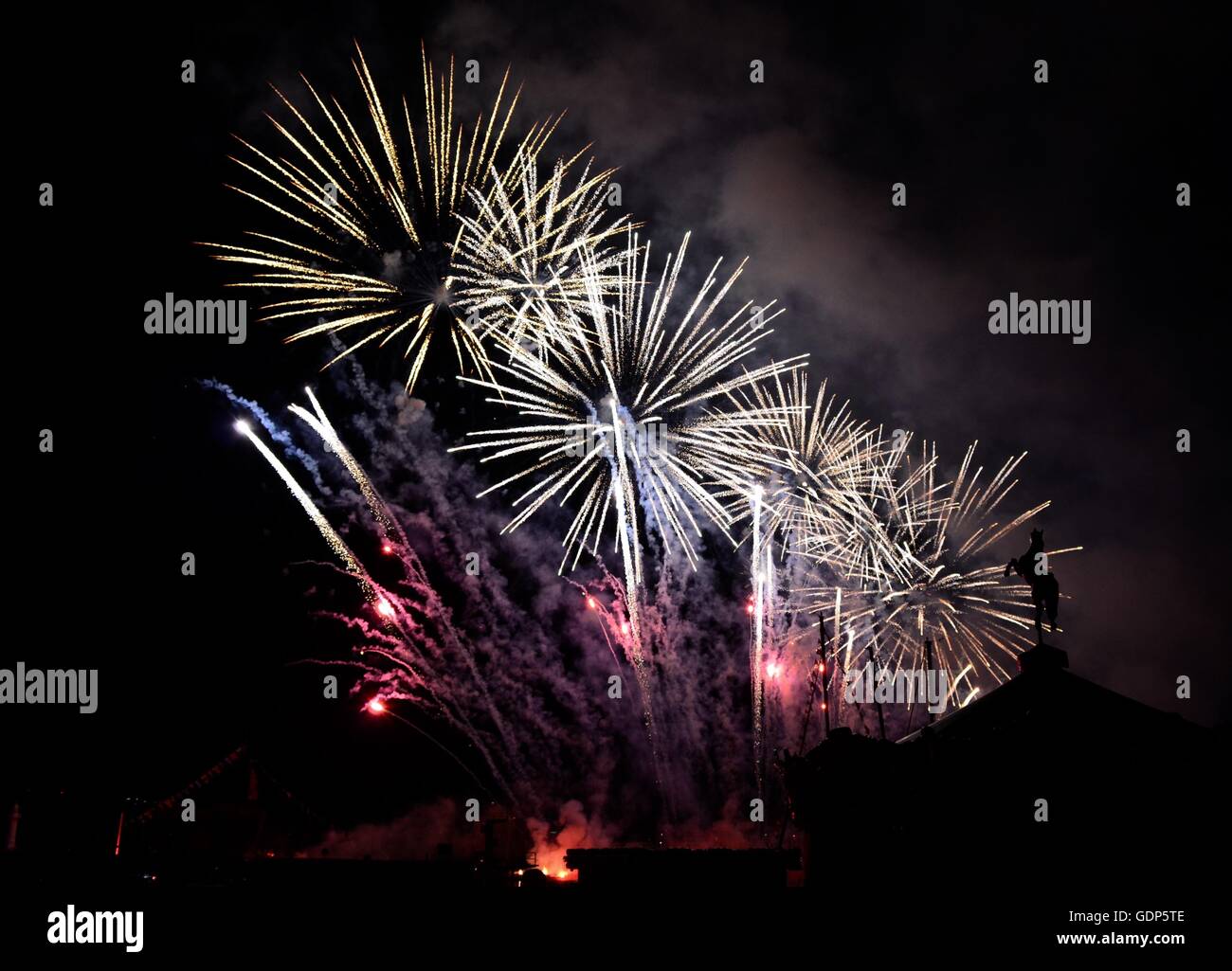Firework during annual summer event- Fetes de Geneve. Stock Photo