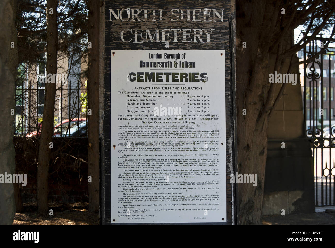 noticeboard at north sheen cemetery showing cemetery rules and