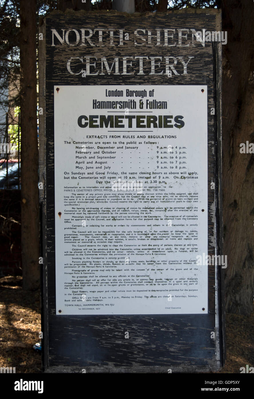 noticeboard at north sheen cemetery showing cemetery rules and