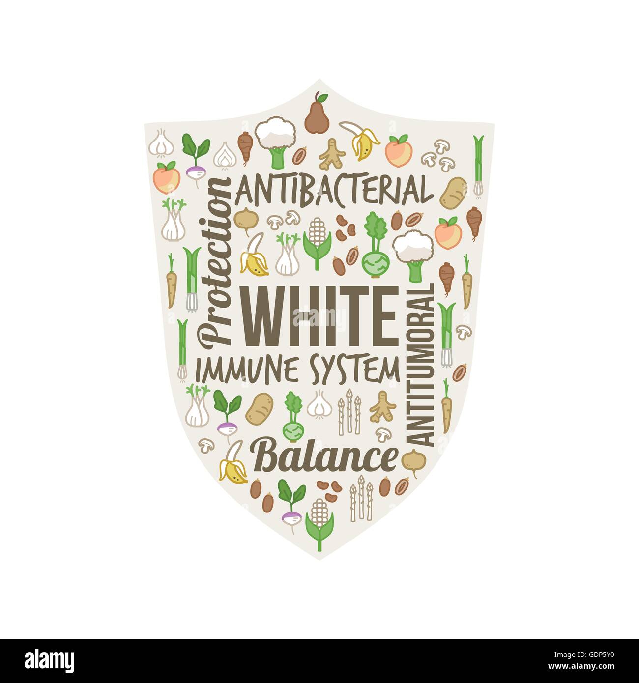 White vegetables and fruits with text concepts in a circular shape, dieting and nutrition concept Stock Vector