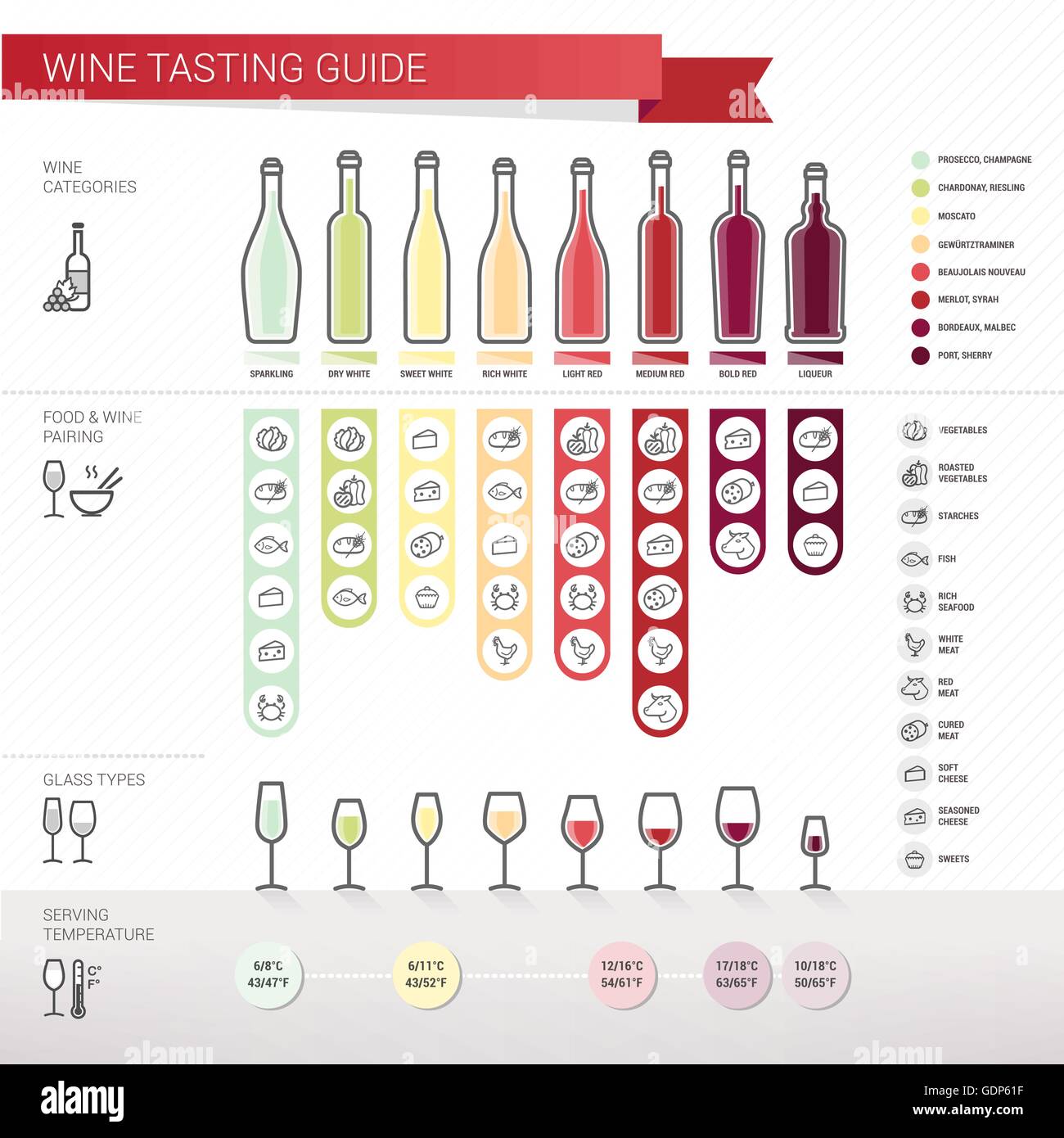 Wine tasting complete guide with food pairing, bottle and glass types, srving temperature and wine types. Stock Vector