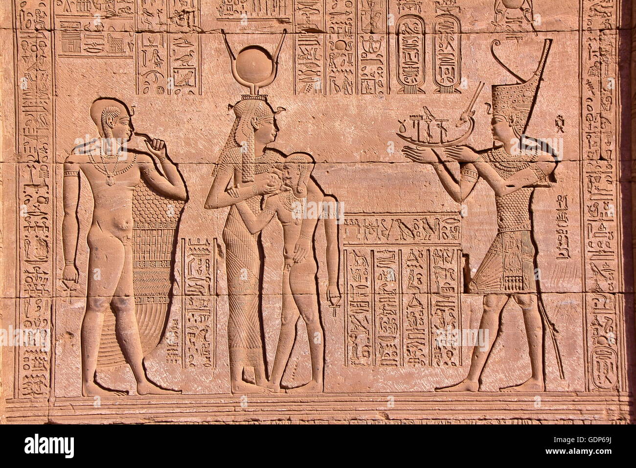 Hieroglyphs at Dendera temple dedicated to Hathor goddess, Egypt Stock Photo