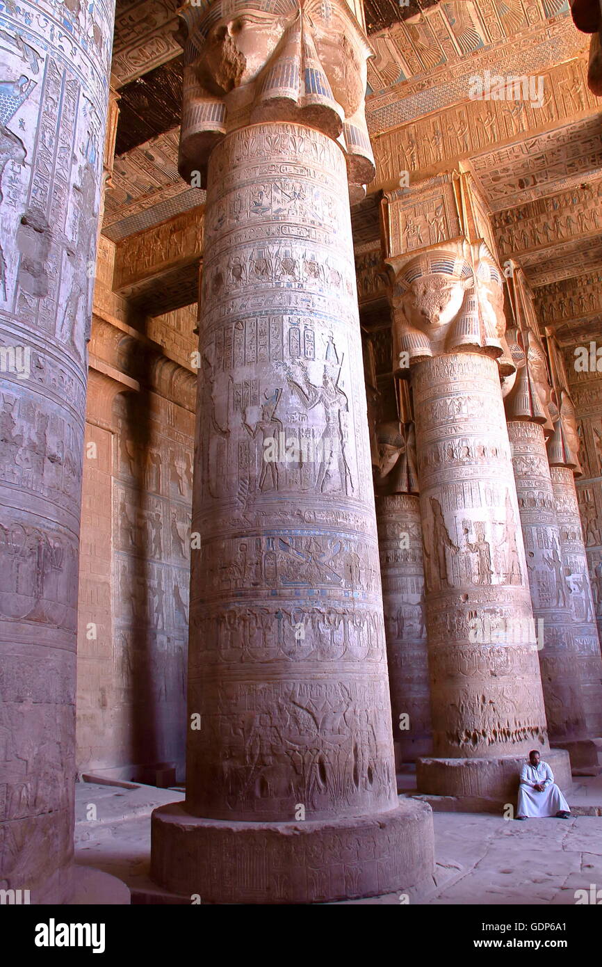 The huge pillars and beautiful ceiling inside Dendera temple dedicated to Hathor goddess, Egypt Stock Photo