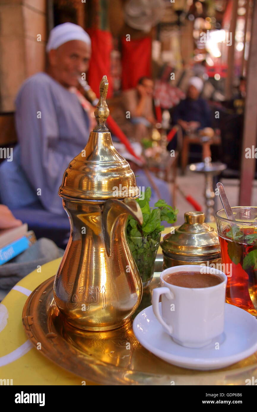 Inside the souk of Luxor, Egypt, mint tea and arabic coffee on a copper
