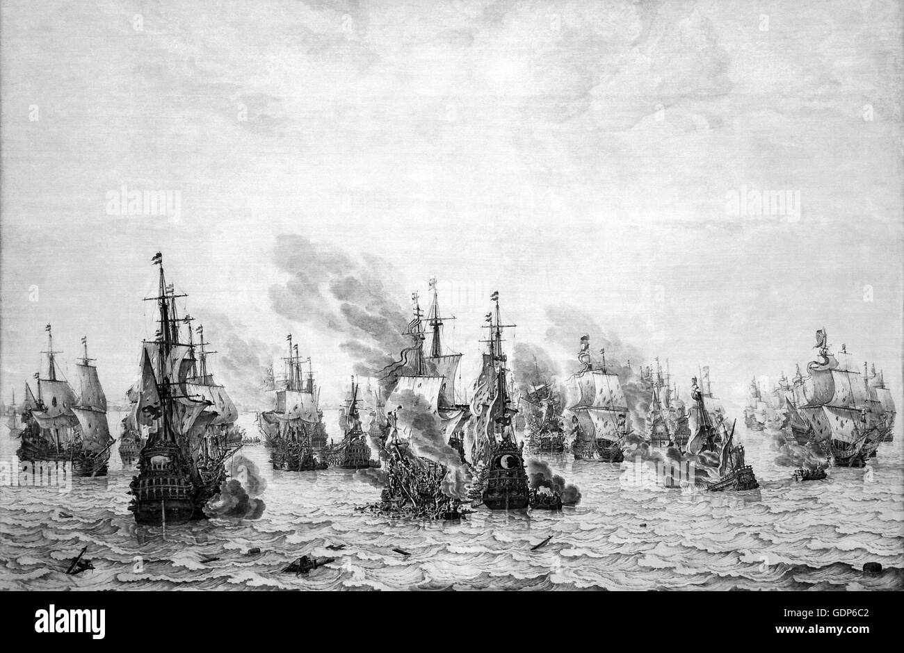 The Battle of Livorno Leghorn by Willem van de Velde I.1611-1693.Willem van de Velde the Elder. Dutch Golden Age seascape painter. Stock Photo