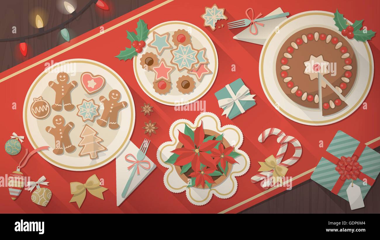 Christmas table banner, dishes with cookies, dessert and traditional gingerbread men, a poinsettia flower and gift boxes, top vi Stock Vector