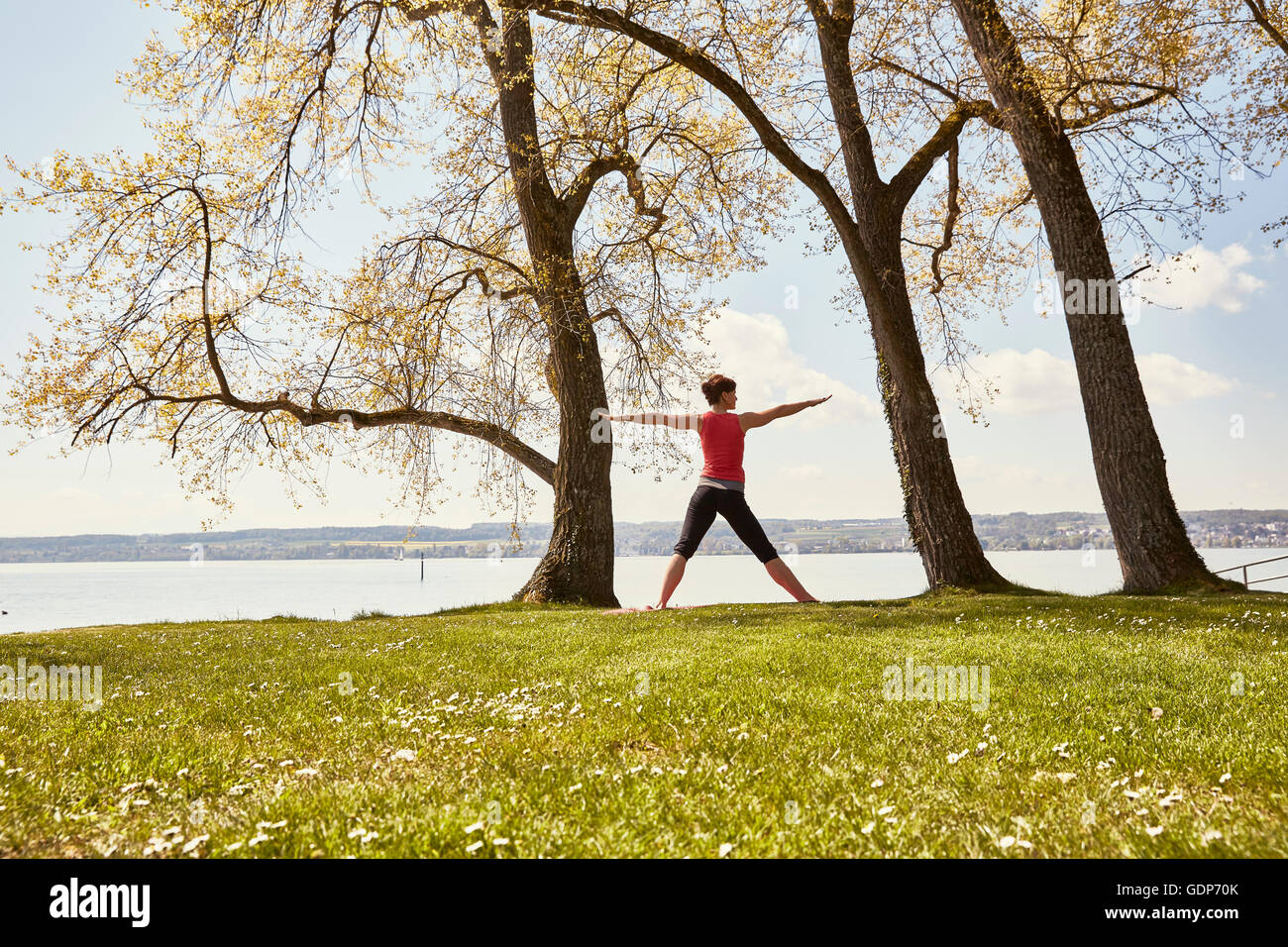 Rear view of woman, practising yoga by lake Stock Photo