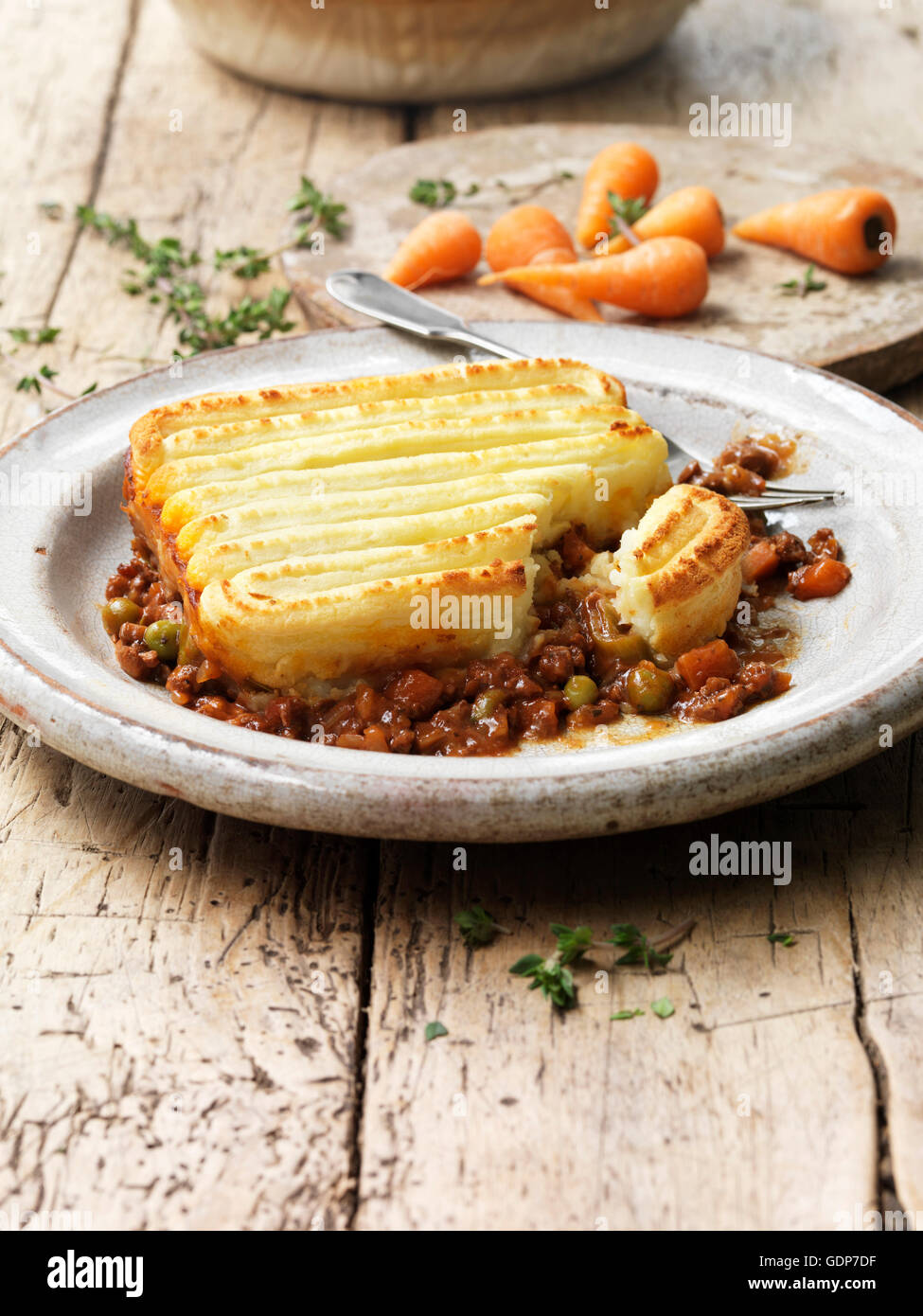 Food traditional meals cottage pie vintage plate minced beef peas