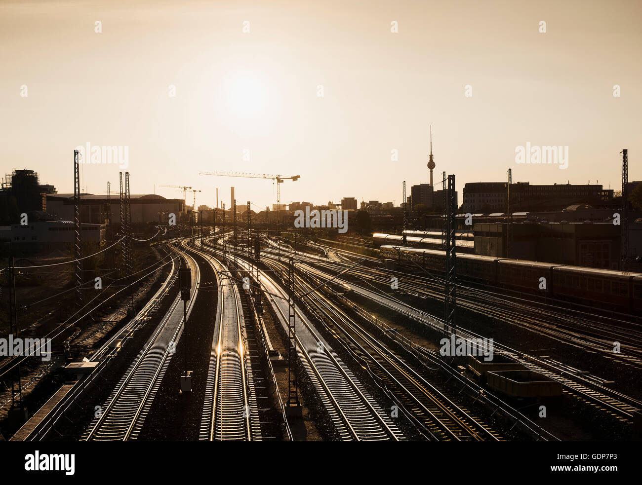 Warschauer Strasse station with TV Tower in background, Berlin, Germany Stock Photo