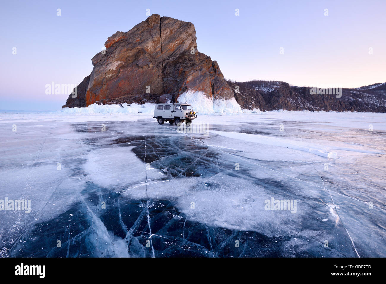 Off road tourist vehicle at Khoboy Cape, Baikal Lake, Olkhon Island, Siberia, Russia Stock Photo