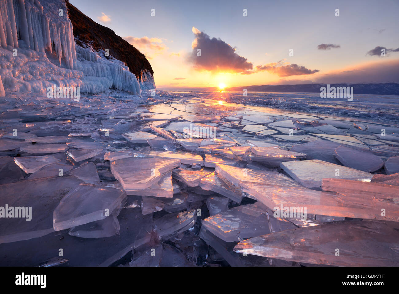 Broken ice at sunset, Baikal Lake, Olkhon Island, Siberia, Russia Stock Photo