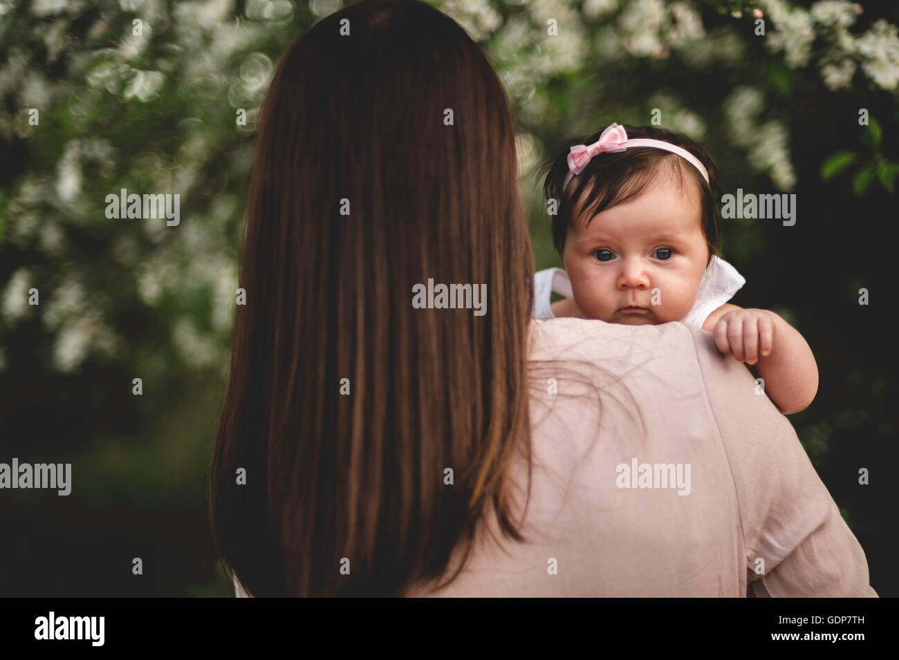 Over shoulder portrait  baby girl in mothers arms in garden Stock Photo