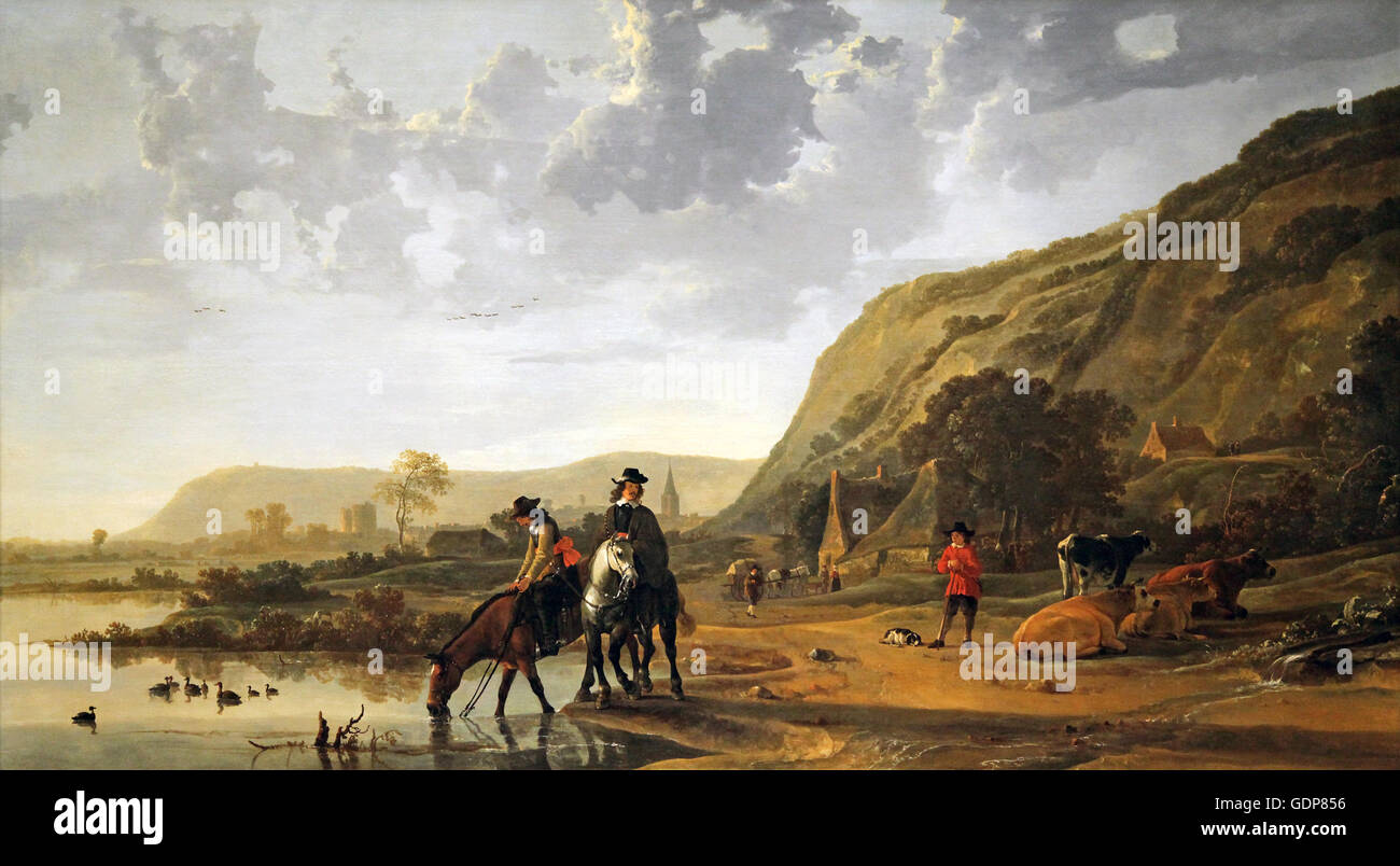 River Landscape with Riders by Aelbert Cuyp 1620-1691 Stock Photo