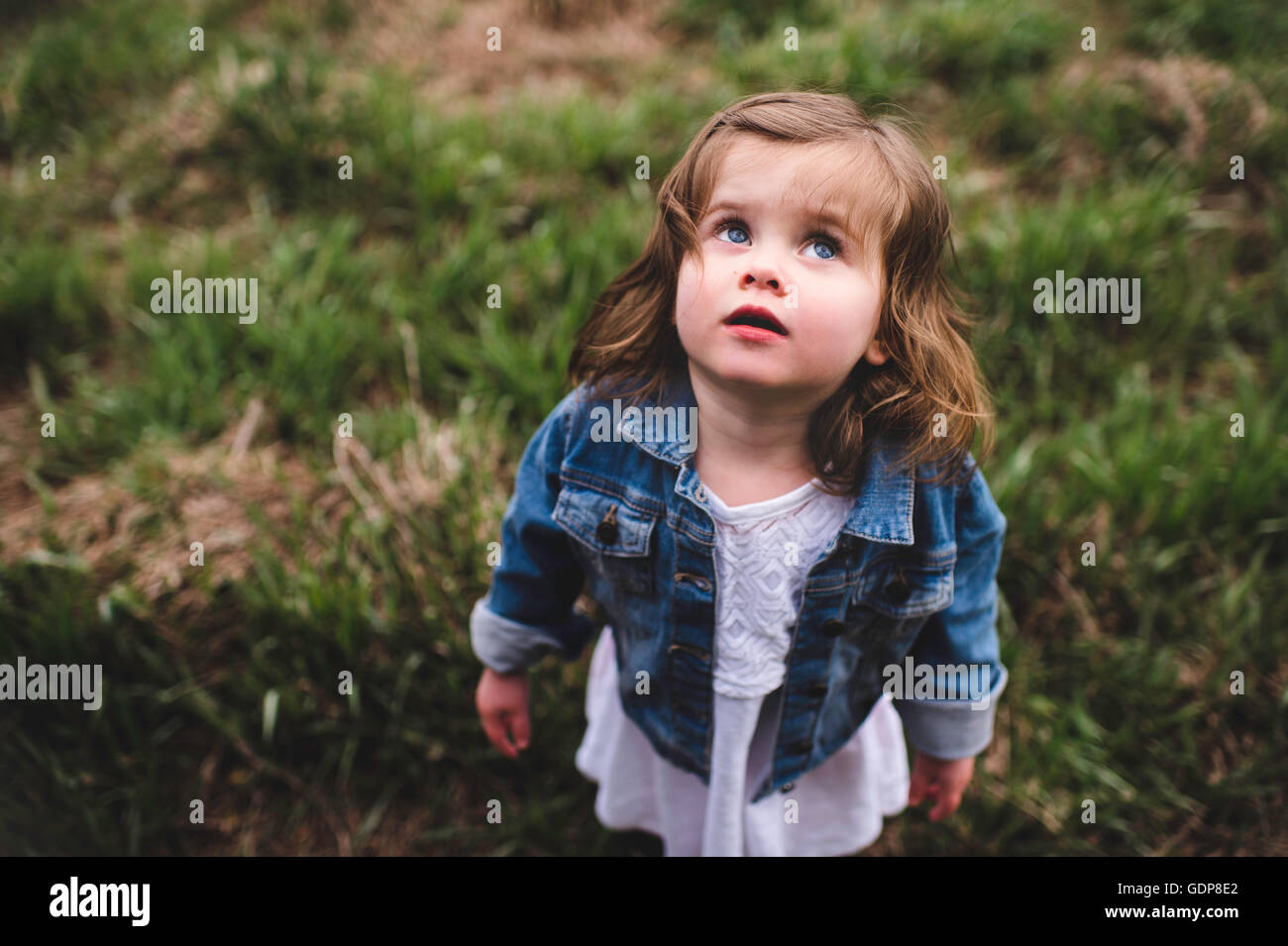 Young girl standing in field, looking up towards sky Stock Photo