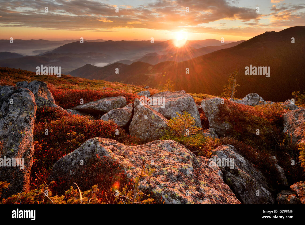 View from Vukhatiy Kamen Mountain on Dzembronya Village, Carpathian Mountains, Ivano-Frankovsk Region, Ukraine Stock Photo