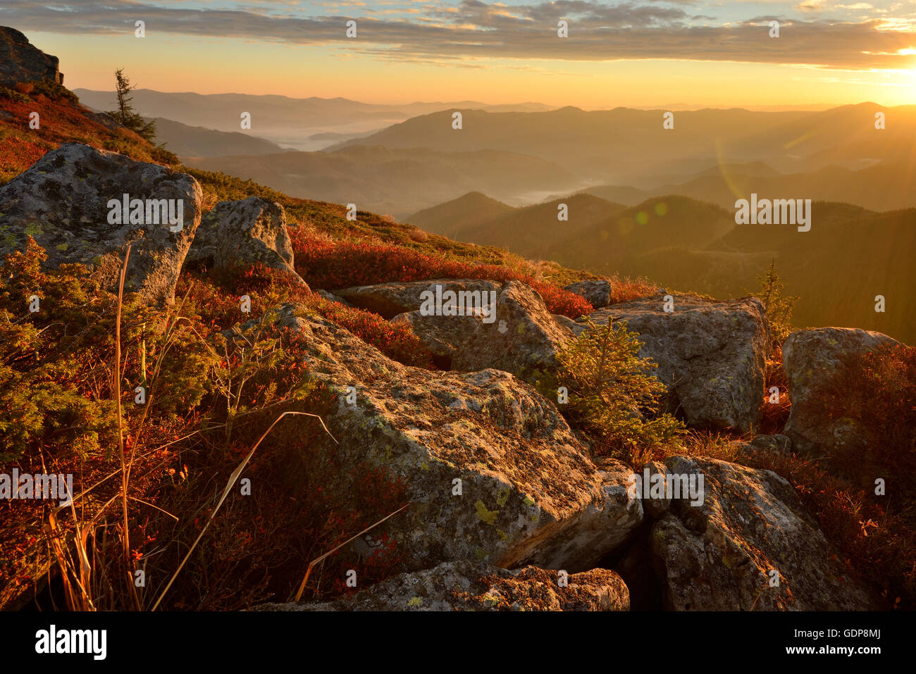 View from Vukhatiy Kamen Mountain on Dzembronya Village, Carpathian Mountains, Ivano-Frankovsk Region, Ukraine Stock Photo