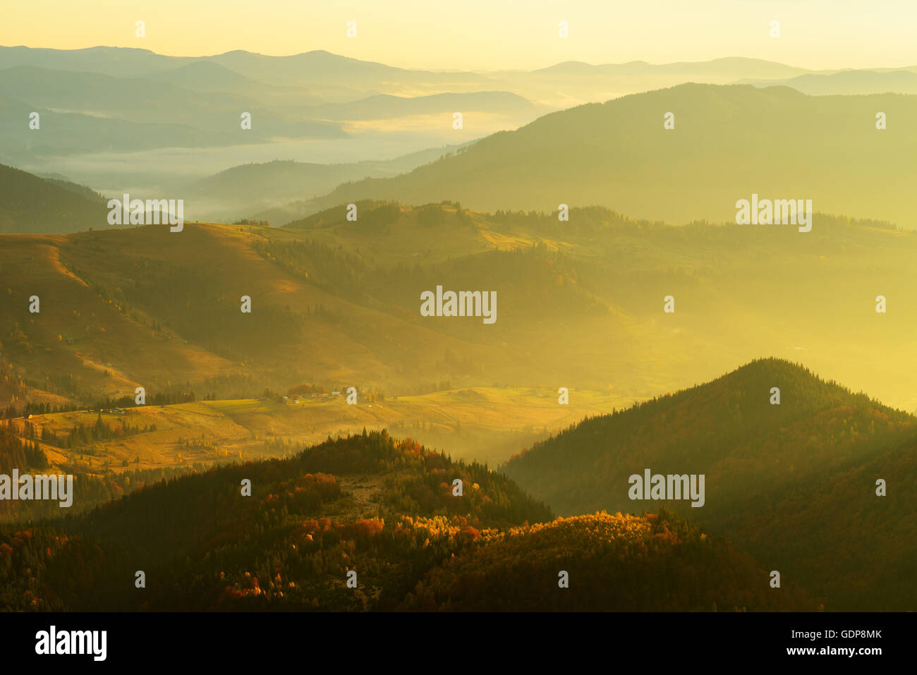 View from Vukhatiy Kamen Mountain on Dzembronya Village, Carpathian Mountains, Ivano-Frankovsk Region, Ukraine Stock Photo