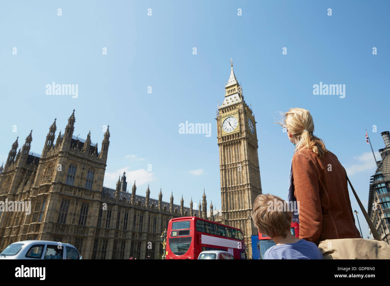 Rear view of mother and son looking at big ben Stock Photo