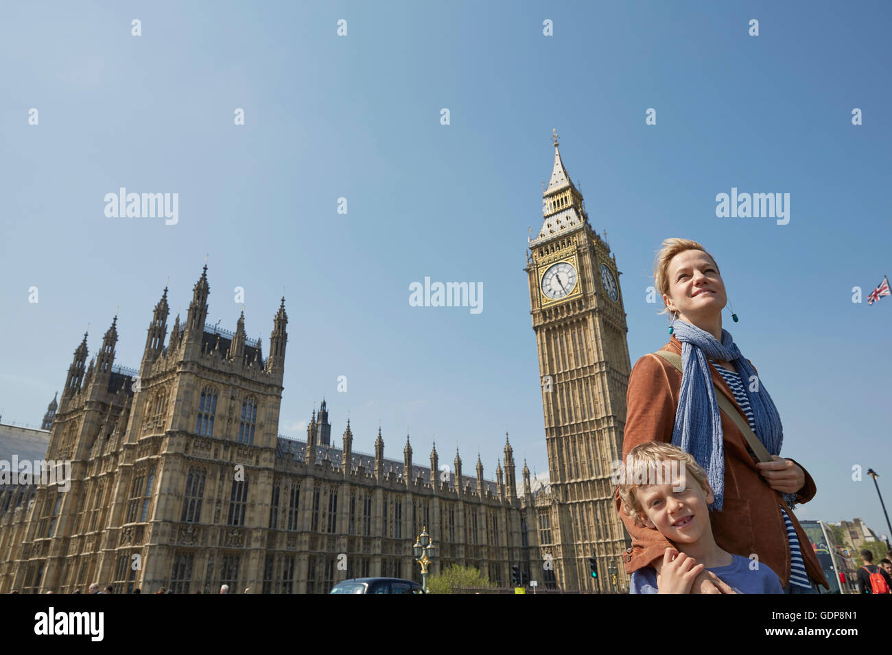 Mother and son in front of big ben Stock Photo