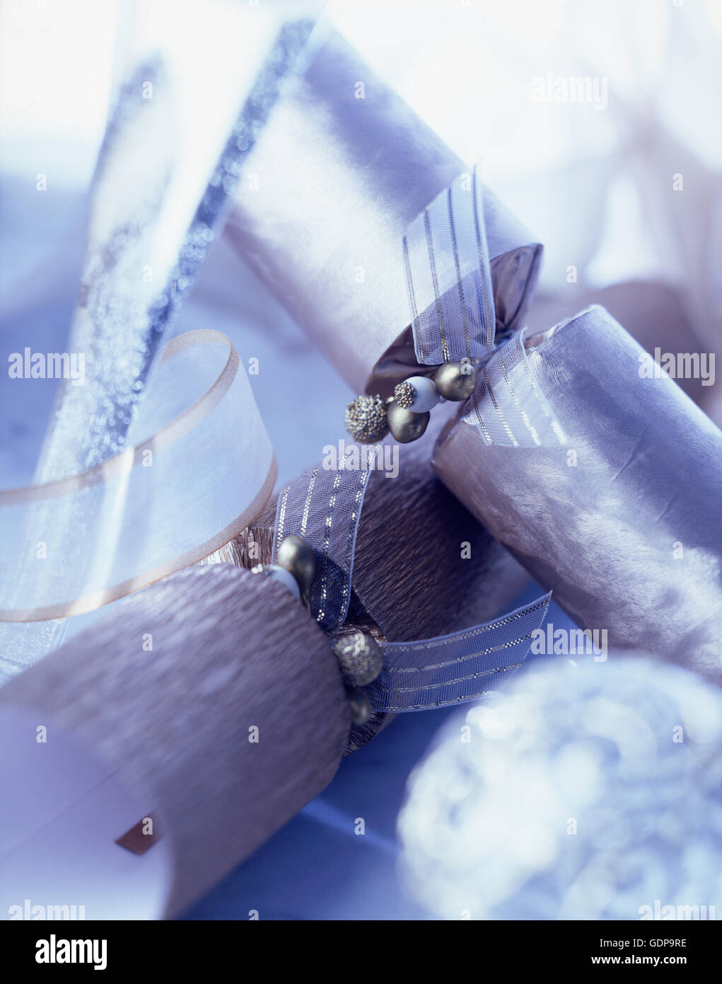 Luxury silver christmas crackers, blue tint Stock Photo