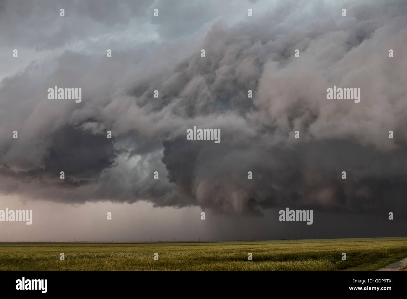 Funnel cloud hovers over a country road while intense updrafts ascend Stock Photo