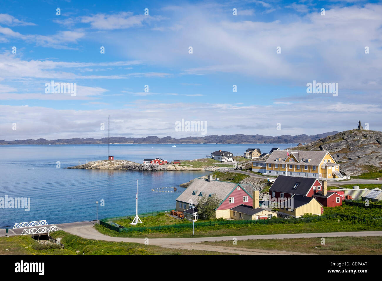 Overview of old town and harbour with Hans Egede House 1728 oldest in country and venue for official government receptions. Nuuk Greenland Stock Photo