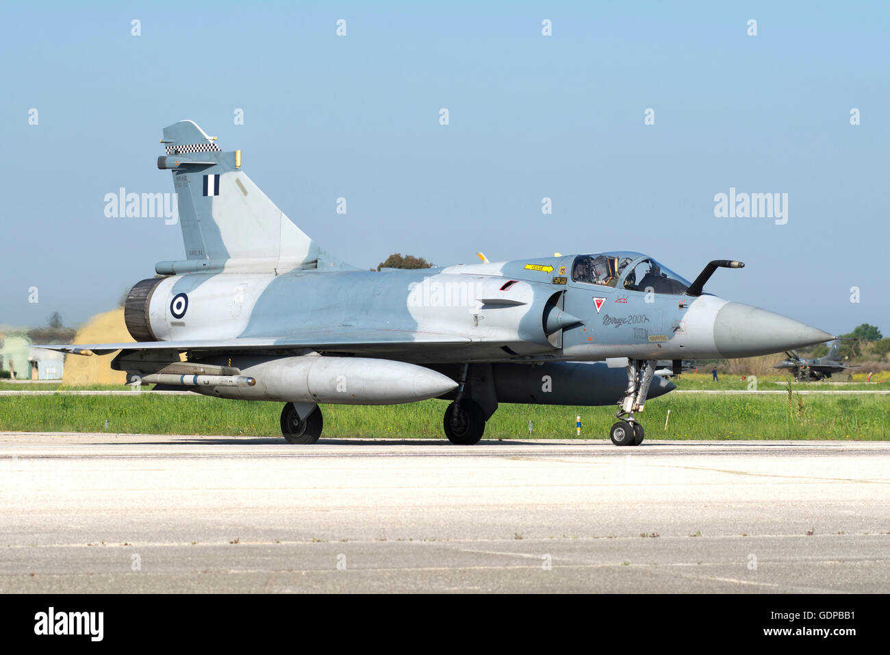 Hellenic Air Force Mirage 2000EG preparing for takeoff from Andravida, Greece, during the international exercise Iniohos 2016. Stock Photo