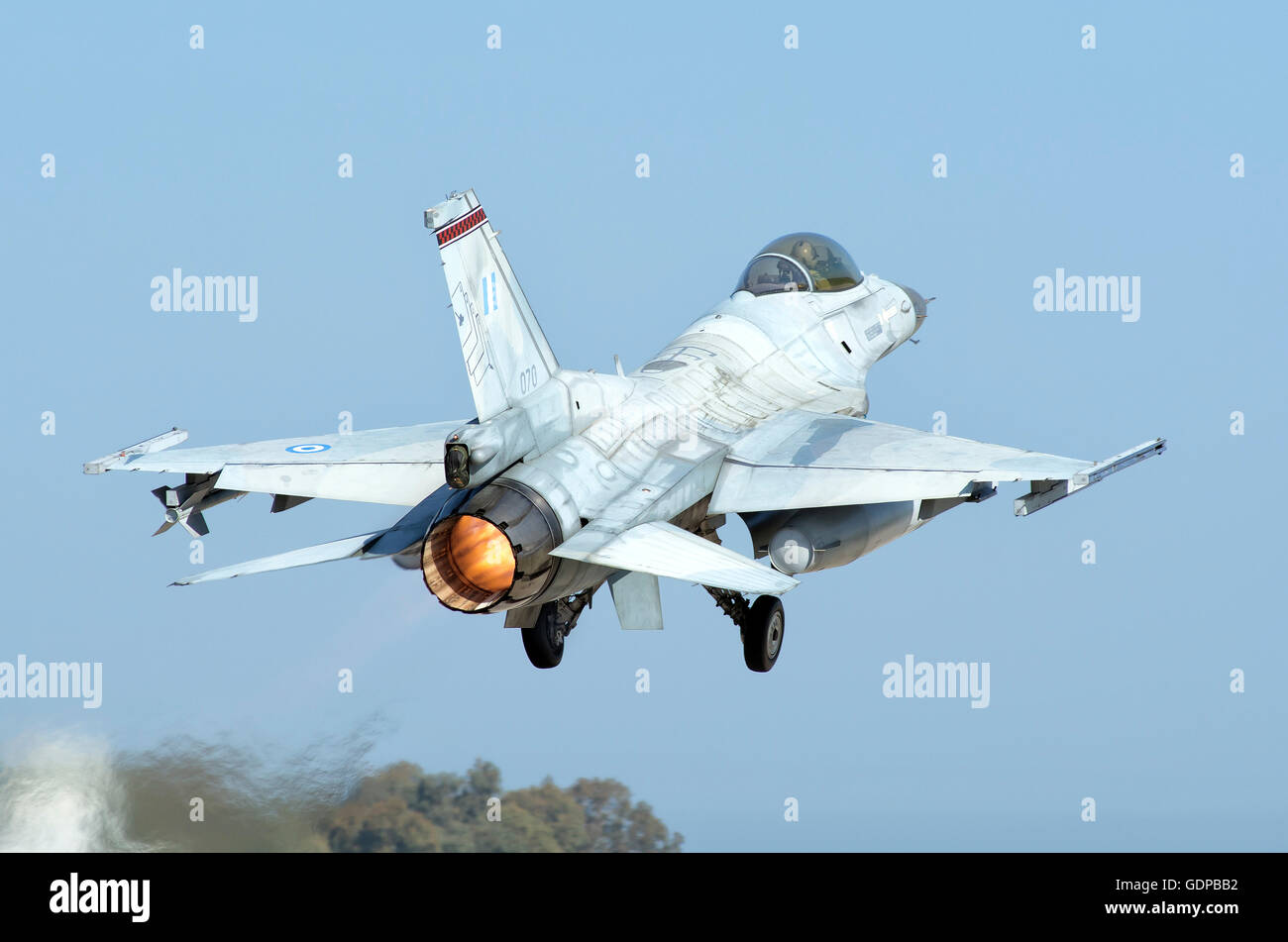 A Hellenic Air Force F-16C Block 50 taking off from Andravida, Greece, during the international exercise Iniohos 2016. Stock Photo