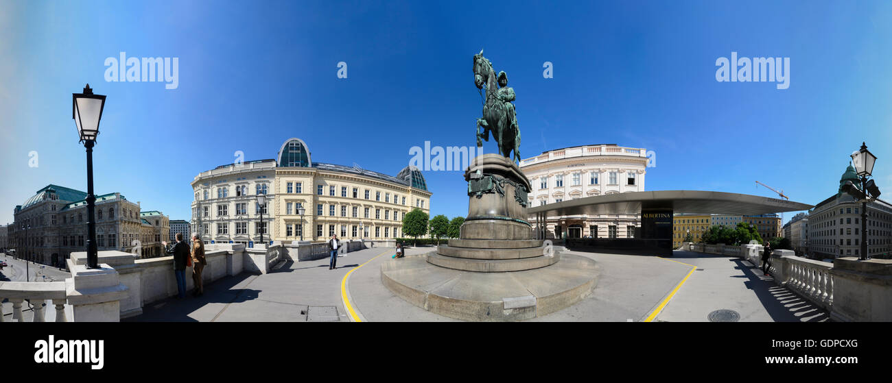 Wien, Vienna: Staatsoper state opera house, equestrian statue of Archduke Albert and Albertina with Soravia Wing, Austria, Wien, Stock Photo
