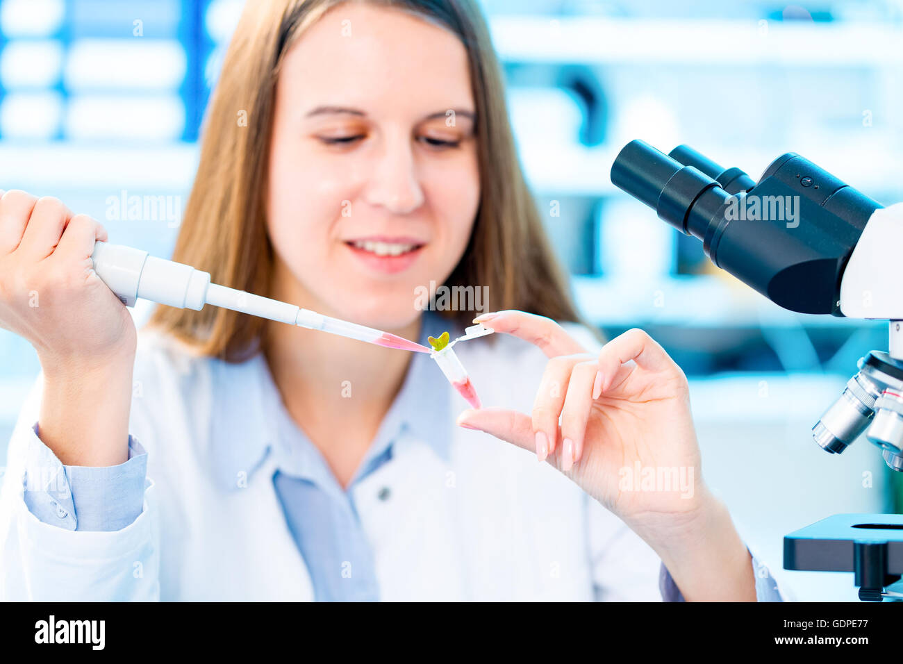 young woman biologist manipulates plants in genetic laboratory Stock Photo