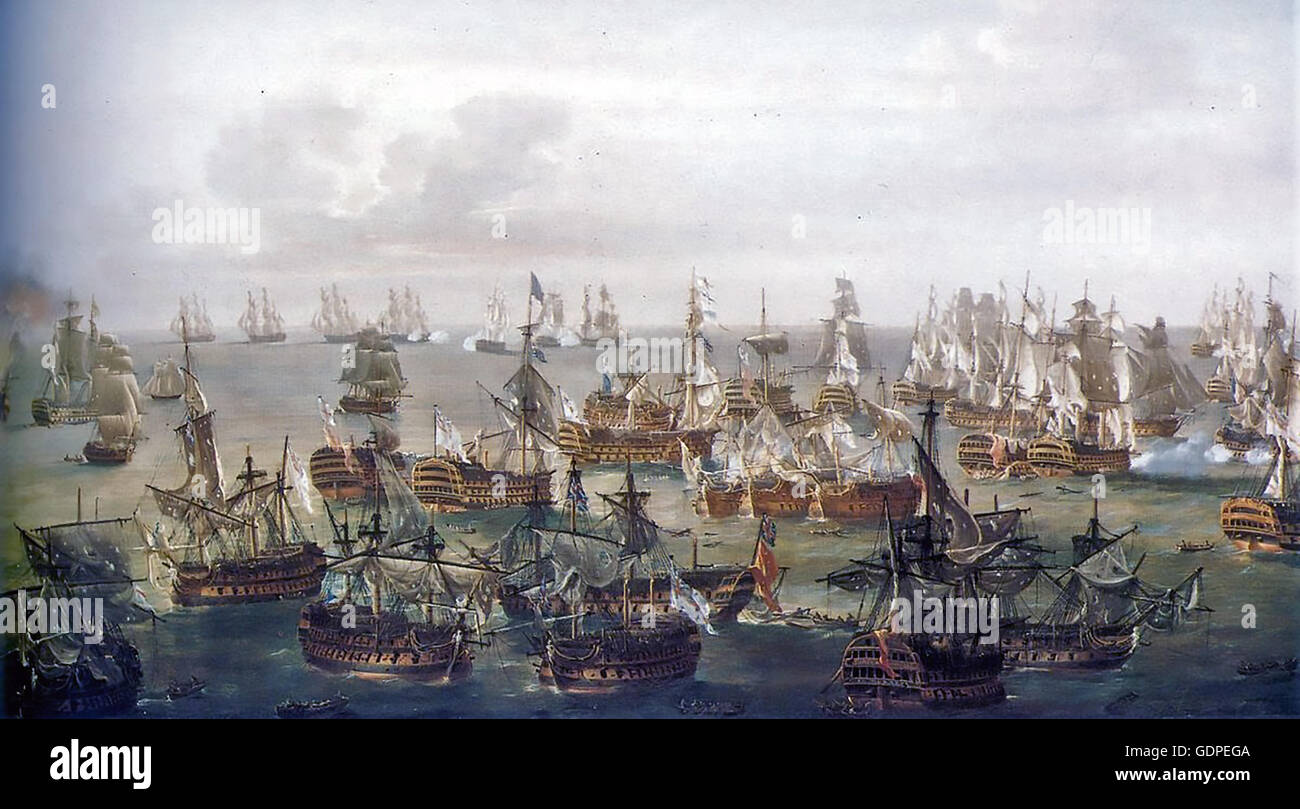 BATTLE OF TRAFALGAR 21 October 1805. The situation at 17.00 as painted by Nicholas Pocock (1740-1821) Stock Photo