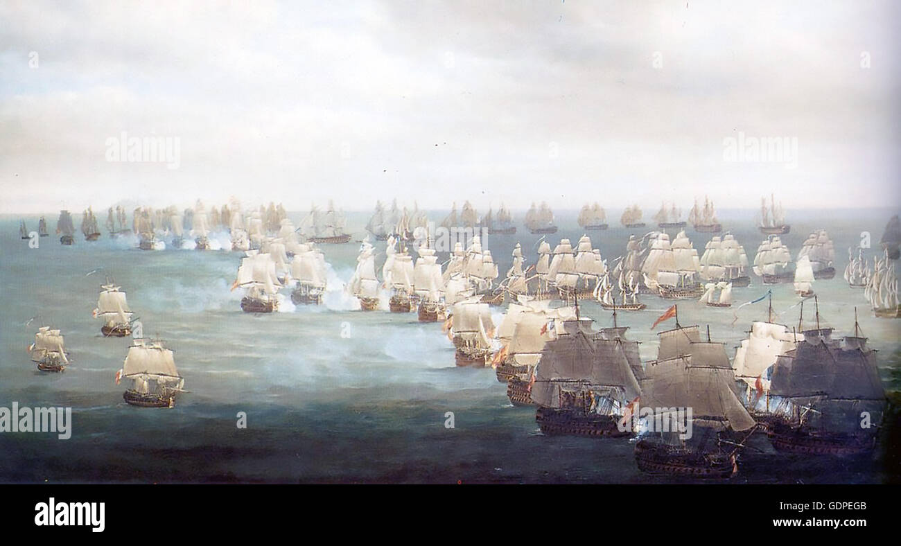 BATTLE OF TRAFALGAR 21 October 1805. The situation at 1300 hrs  painted by Nicholas Pocock (1740-1821) about 1810 Stock Photo