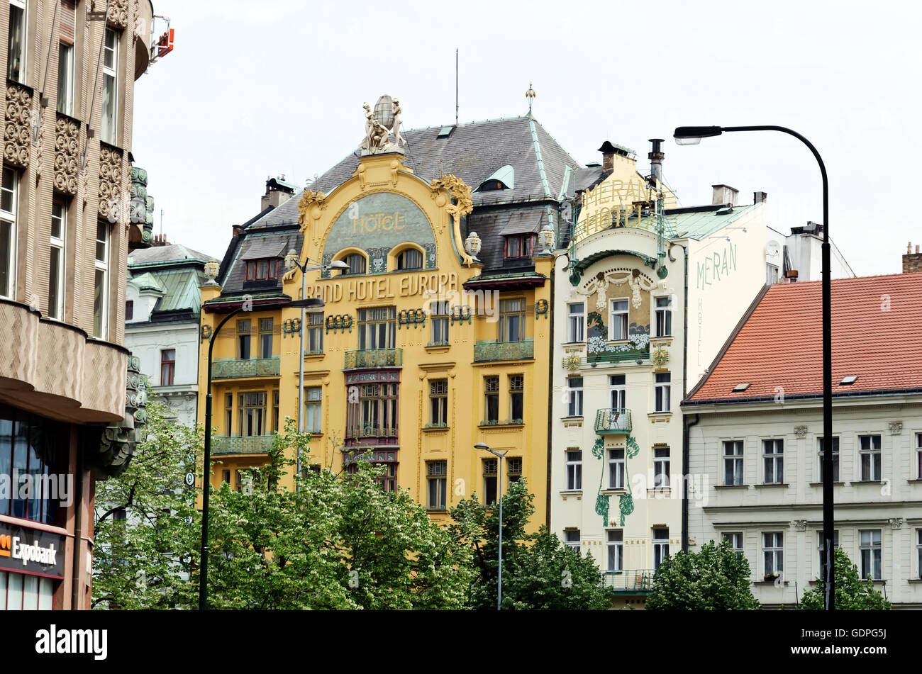 Large colourful hotel in Wenceslas Square in the centre of Prague (Praha) in the Czech Republic. Stock Photo