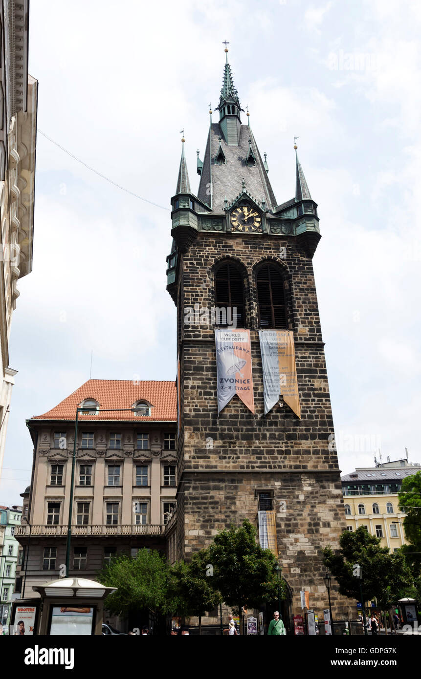 Old church clock tower (Church of St Gall) near Wenceslas Square in the centre of Prague (Praha) in the Czech Republic. Stock Photo