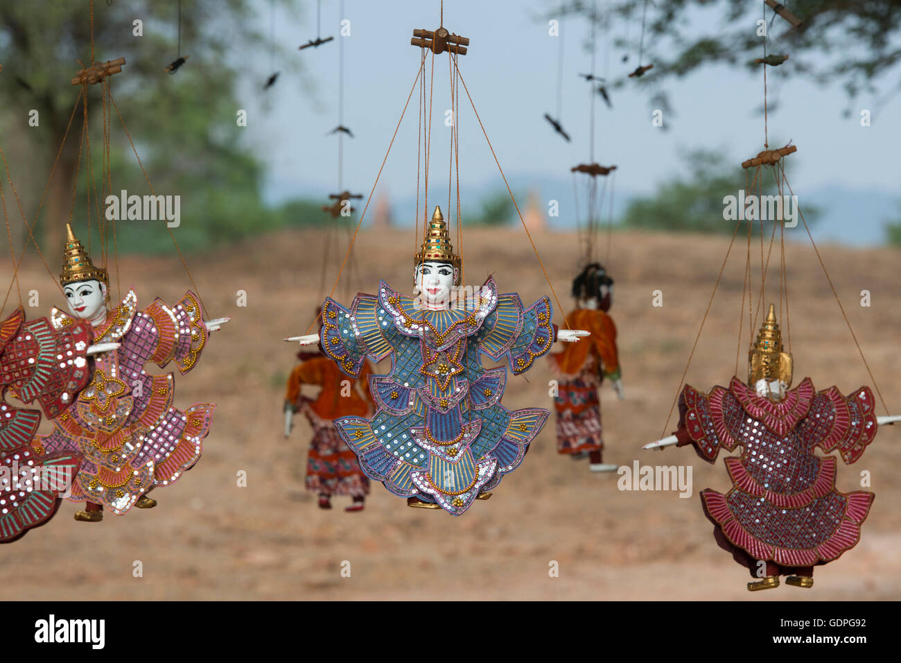 a Puppet Souvenier shop in the Temples of  Bagan in Myanmar in Southeastasia. Stock Photo