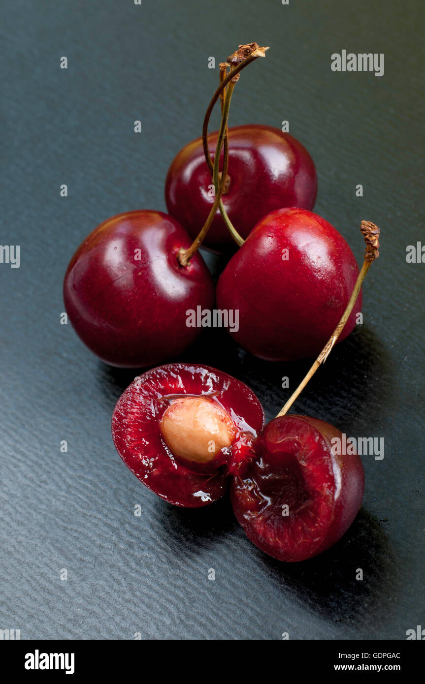 Bing Cherries, close up, black background, Stock Photo