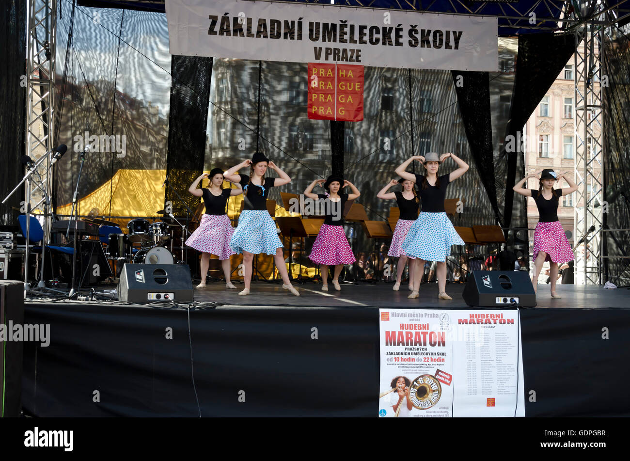Girls doing a dance routine as part of an all-day music and dance festival in the centre of Prague (Praha) in the Czech Republic Stock Photo