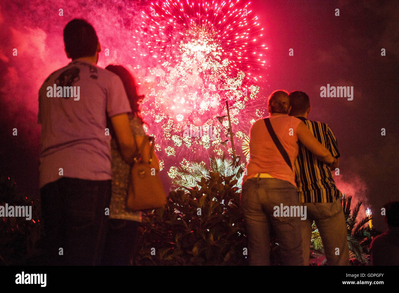 Fireworks at Barceloneta beach during La Merce Festival, Barcelona. Catalonia. Spain Stock Photo
